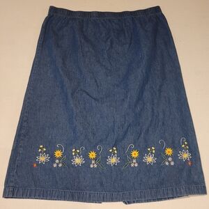 Vintage Floral Embroidered Midi Denim Skirt Size 16 Farmhouse